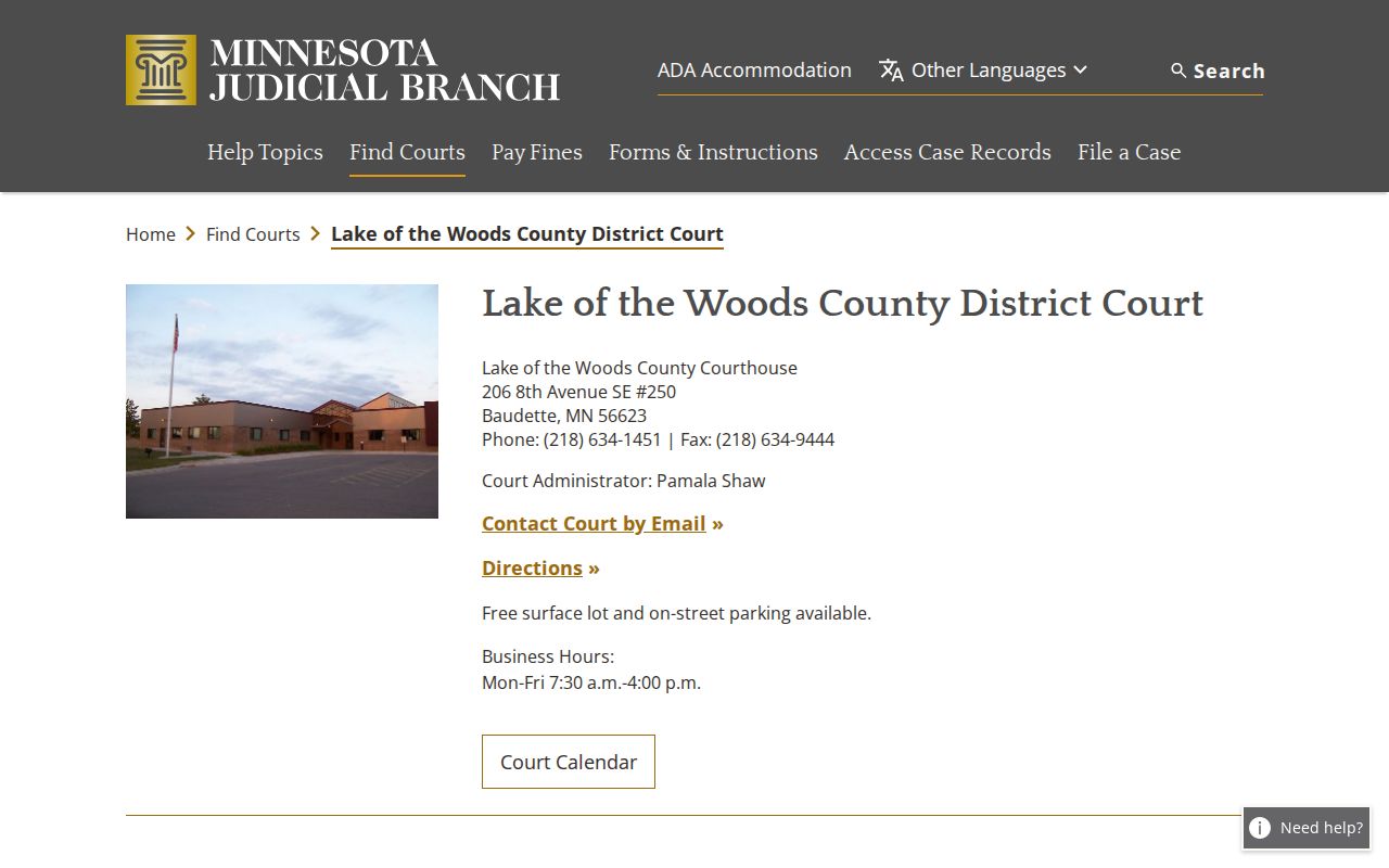 Lake of the Woods County District Court address, hours, parking, and administrator listing