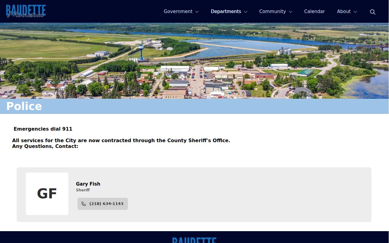 Baudette city police page statement that city services are contracted through the Lake of the Woods County Sheriff