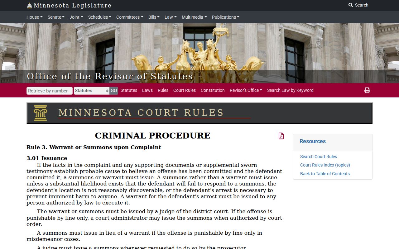 Minnesota criminal rule on warrant and summons issuance for Lake of the Woods County traffic warrants