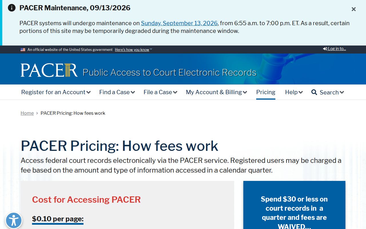 Federal docket access fees and free courthouse access for Lake of the Woods County warrant record research