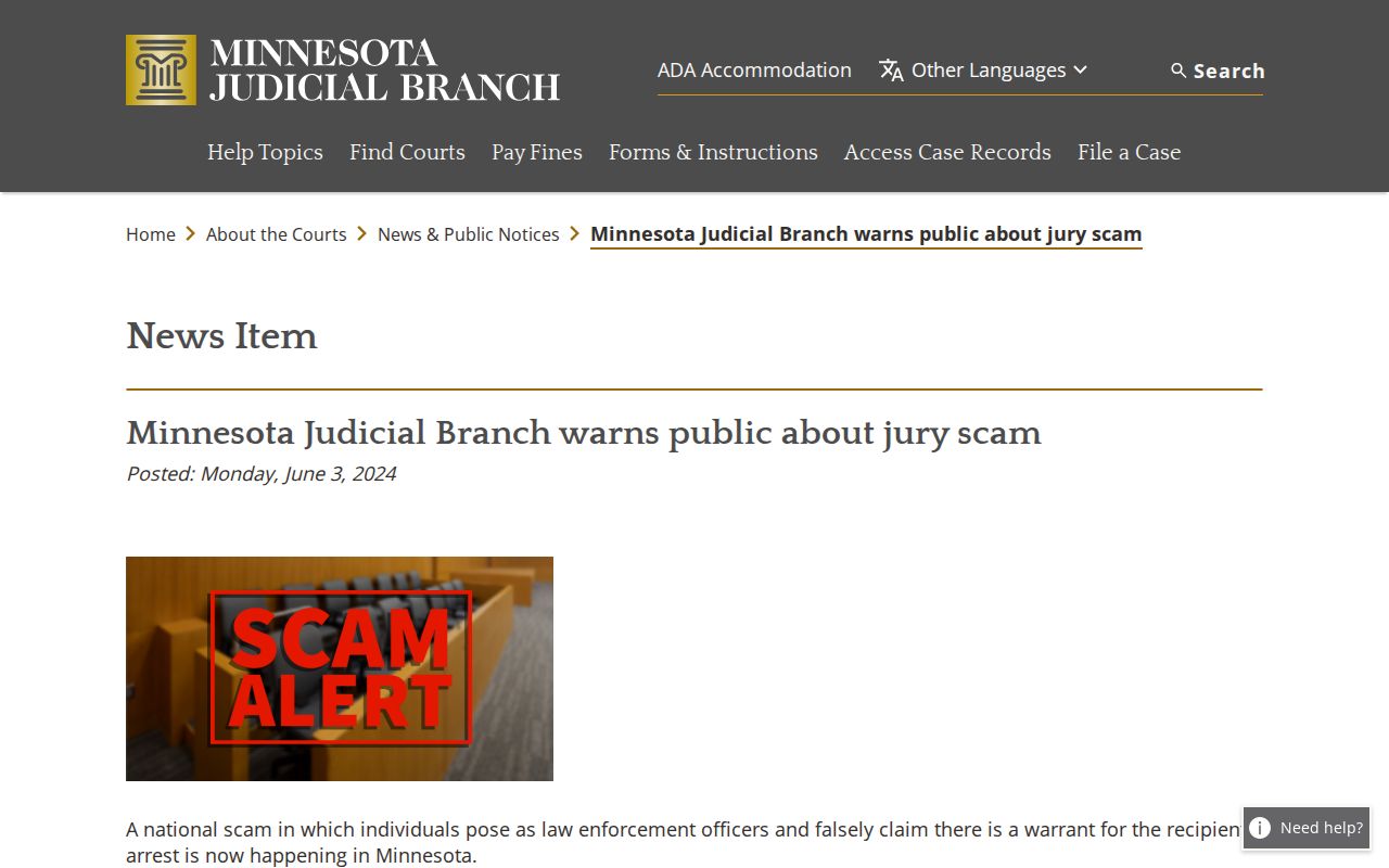 Lake of the Woods County warrant records context: official Minnesota court warning about missed jury duty warrant scam calls