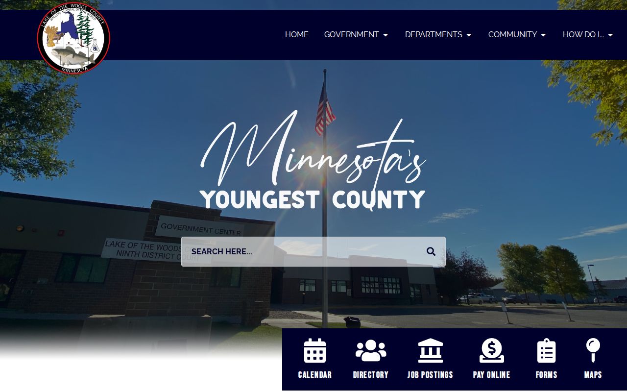 Lake of the Woods County homepage with department navigation used for warrant records questions